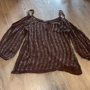BKE Beaded Brown Cold Shoulder Blouse